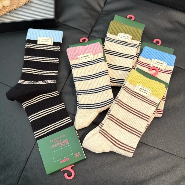 【设计款布标条纹】彩色撞色罗口早秋新款潮流休闲中筒堆堆袜