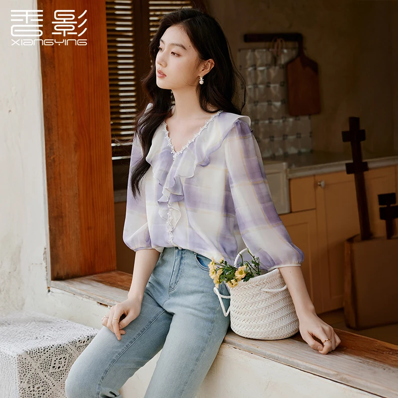 【直播专享】S85S633蕾丝衫 香影荷叶边雪纺上衣女夏季新款温柔