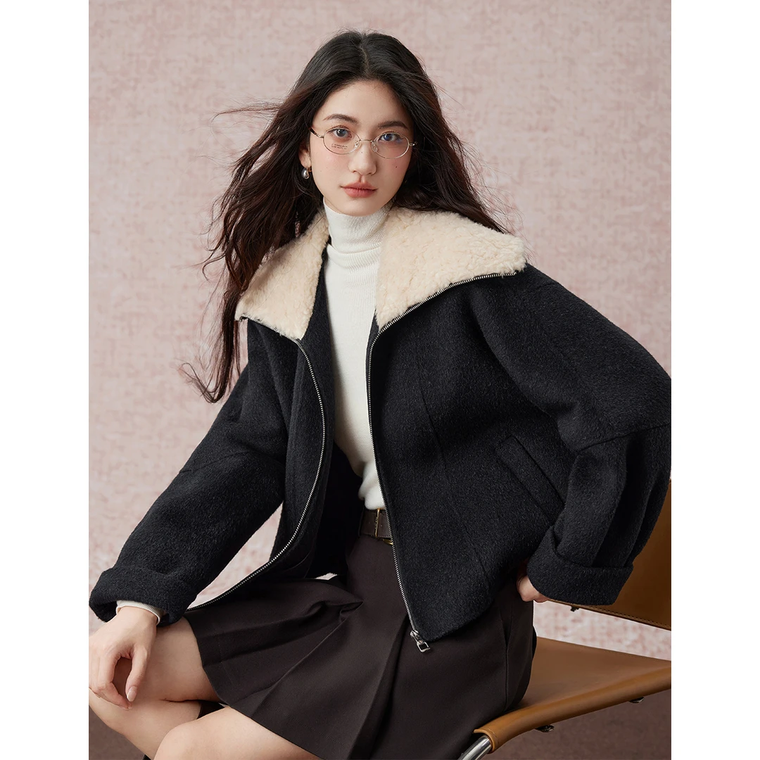 【主播专属】朗文斯汀羊羔毛拼接直筒毛呢外套DTMU5509B12740