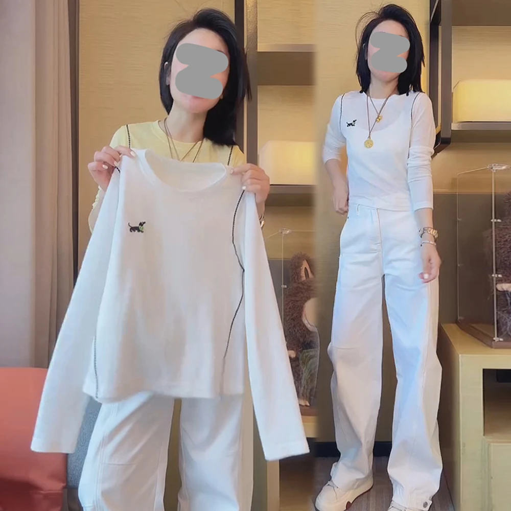 韩版休闲时尚套装女2025春秋新款明线针织衫长袖弯刀阔腿裤两件套