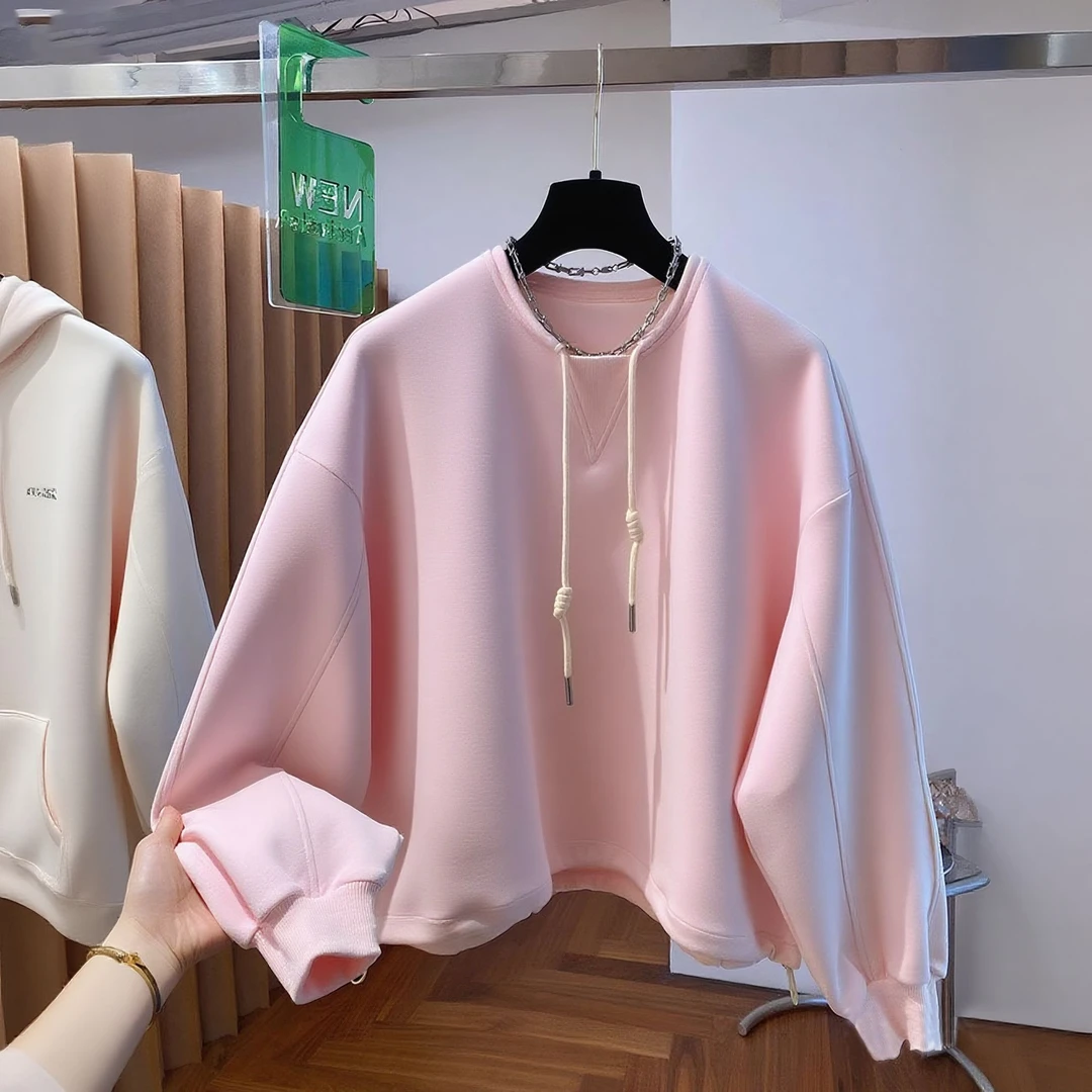 2025秋季新款韩系休闲百搭套头上衣设计感小众抽绳圆领宽松卫衣女