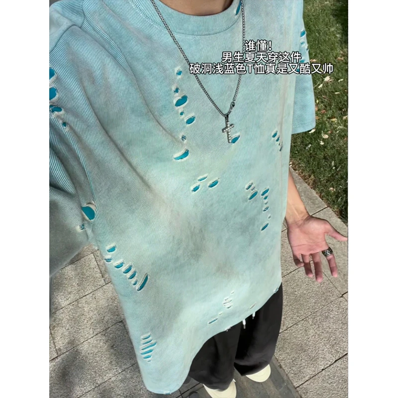 废土风做旧破洞设计短袖t恤男夏季美式cleanfit重磅硬挺正肩半袖