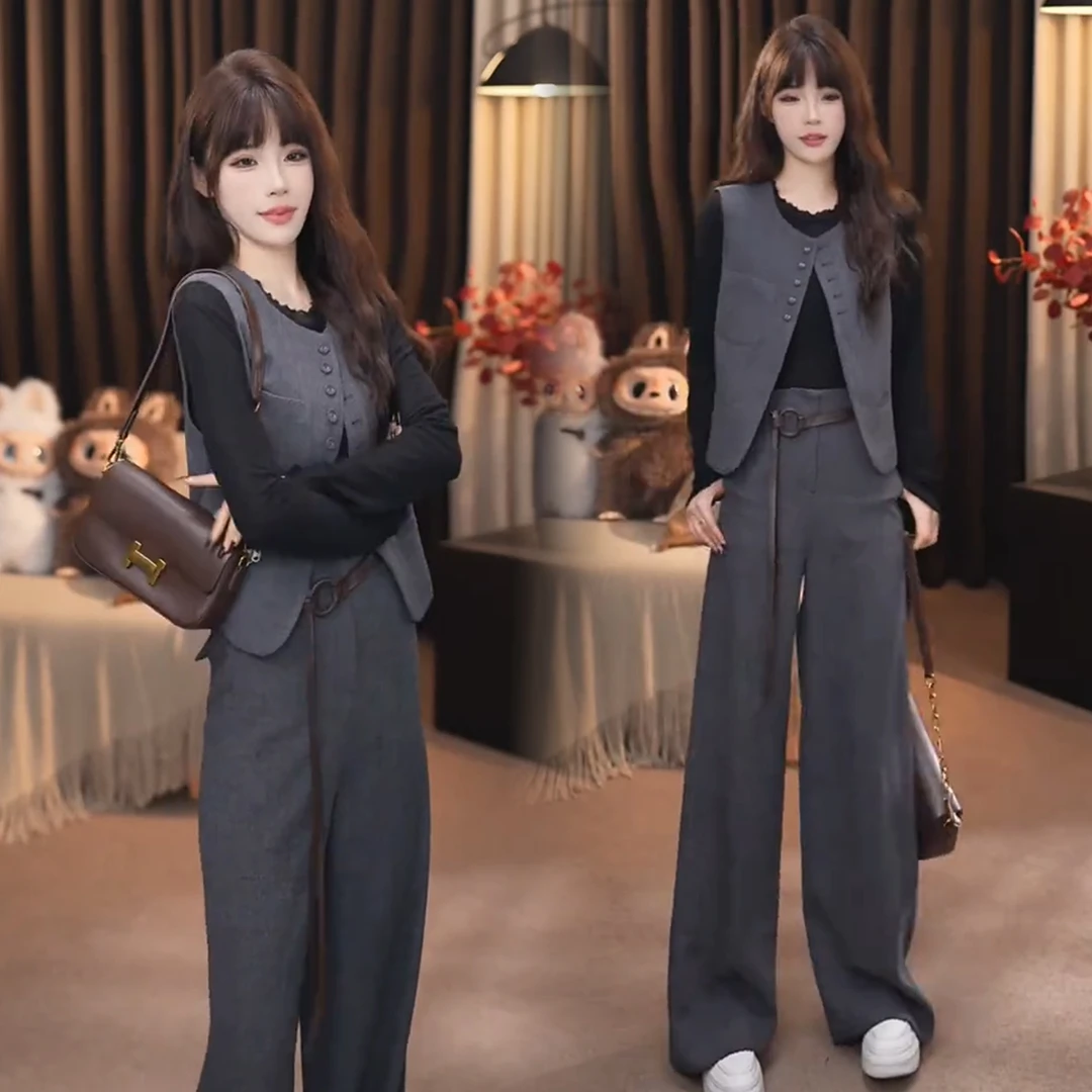 La babite时尚套装女秋季新款洋气显瘦百搭上衣马甲直筒裤三件套