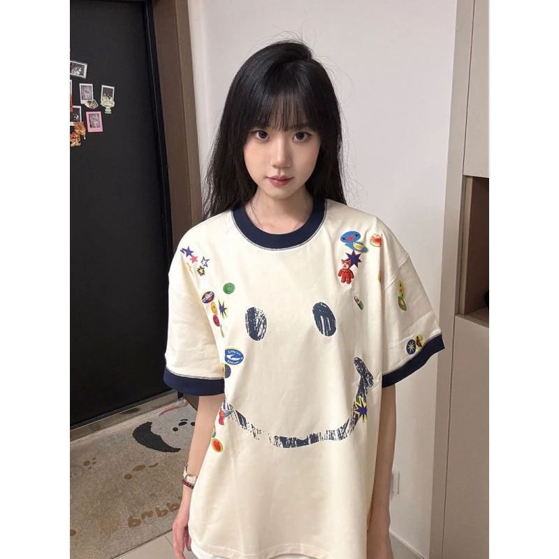 韩系慵懒风笑脸印花oversize撞色短袖T恤女夏季休闲宽松纯棉上衣