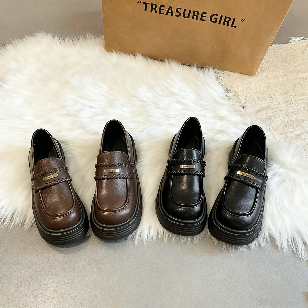 【213麻花】秋冬百搭一脚蹬厚底增高软底学院风英伦韩系小皮鞋