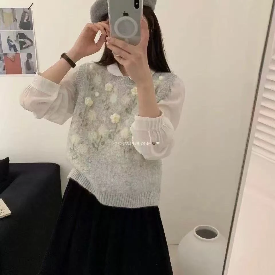 织间韩系立体花朵针织马甲女秋冬新款宽松慵懒风叠穿外搭毛衣背心