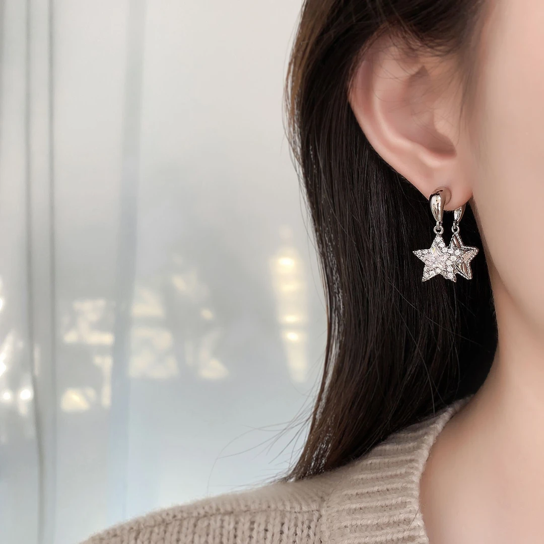 铜合金锆石耳饰 法式轻奢星星锆石温柔气质耳钉双星闪耀个性流苏