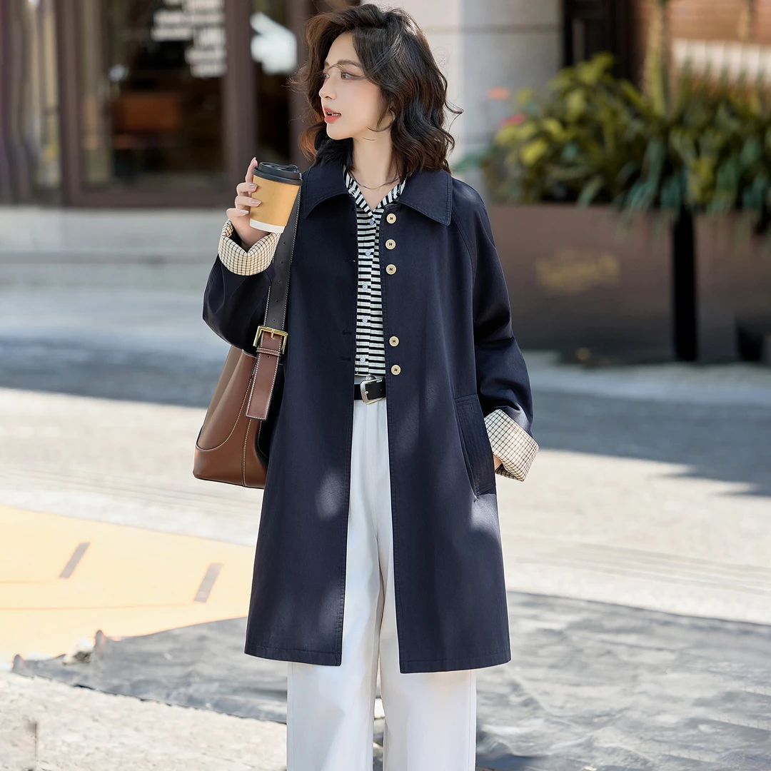 藏青色风衣外套女中长款2025春秋新款气质高级感小个子翻领大衣潮