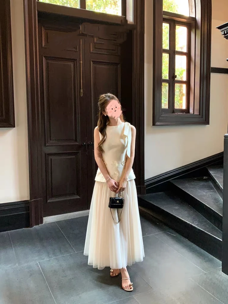 富家千金立体花无袖连衣裙纱裙仙女长裙白色掐腰裙订婚礼服