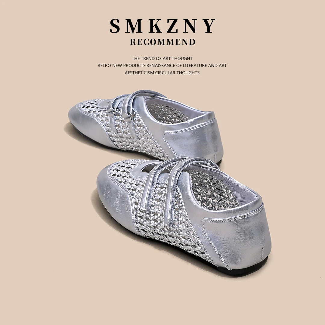 SMKZNY银色芭蕾舞软底运动凉鞋女鞋薄款2025夏仙女风透气平底单鞋