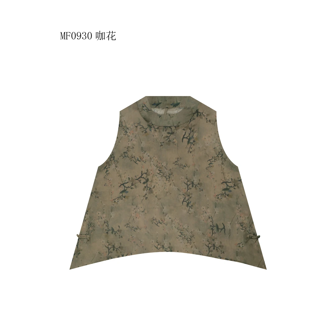 【麻訪家】MF0930咖花文艺印花不规则百搭坎肩背心上衣
