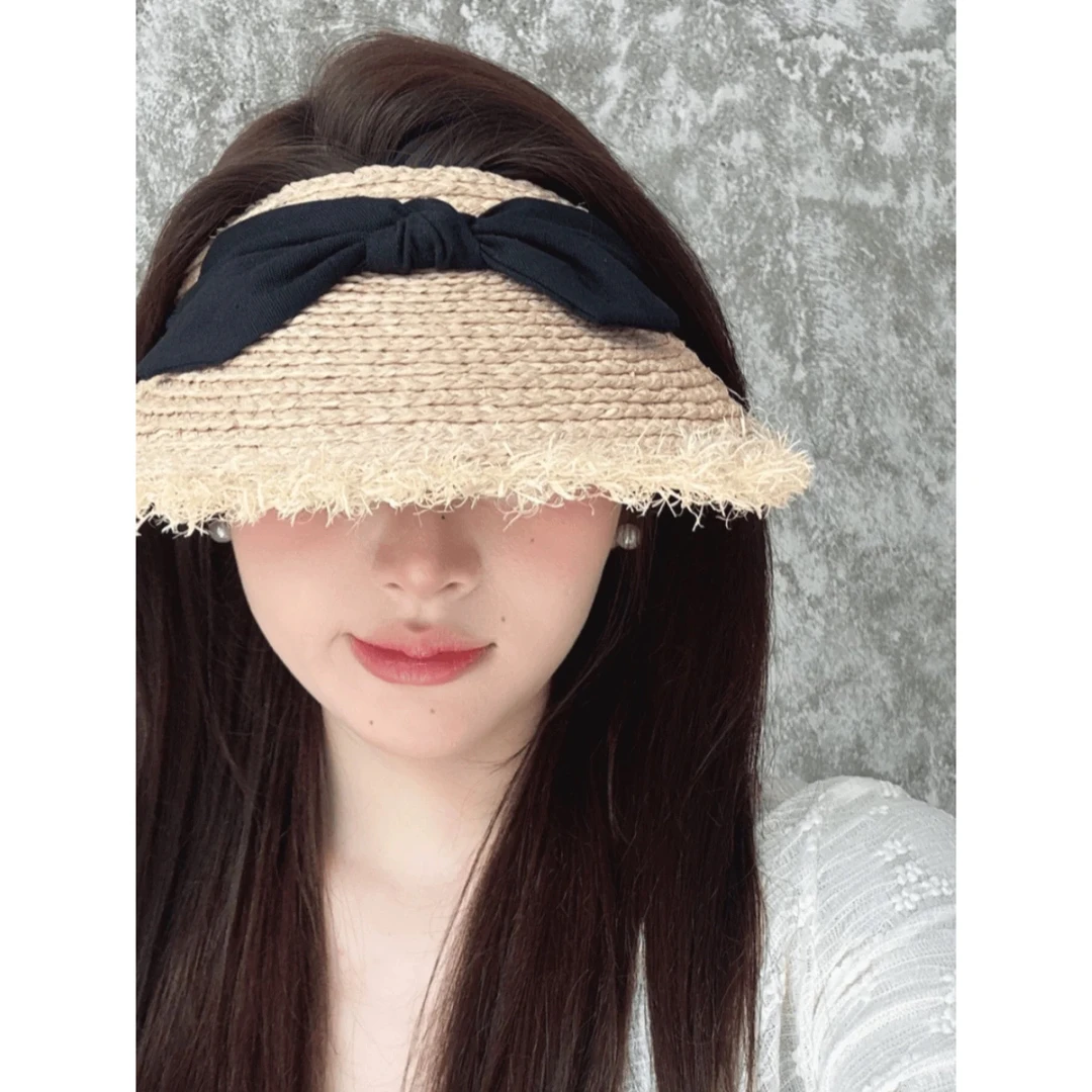 拉菲草2025新款甜美蝴蝶结草编防晒沙滩遮阳帽
