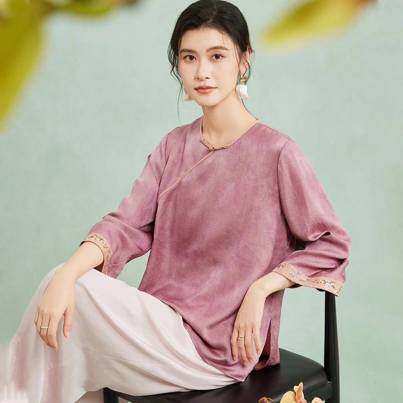 金菊【真丝桑波缎】圆领刺绣复古国风春夏新款100%桑蚕丝女式T恤
