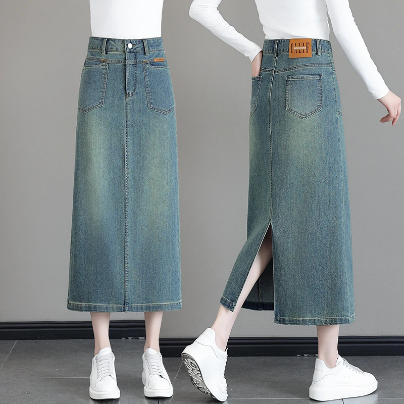 牛仔半身裙女2025年春秋季新款高腰复古a字过膝长款一步包臀裙子
