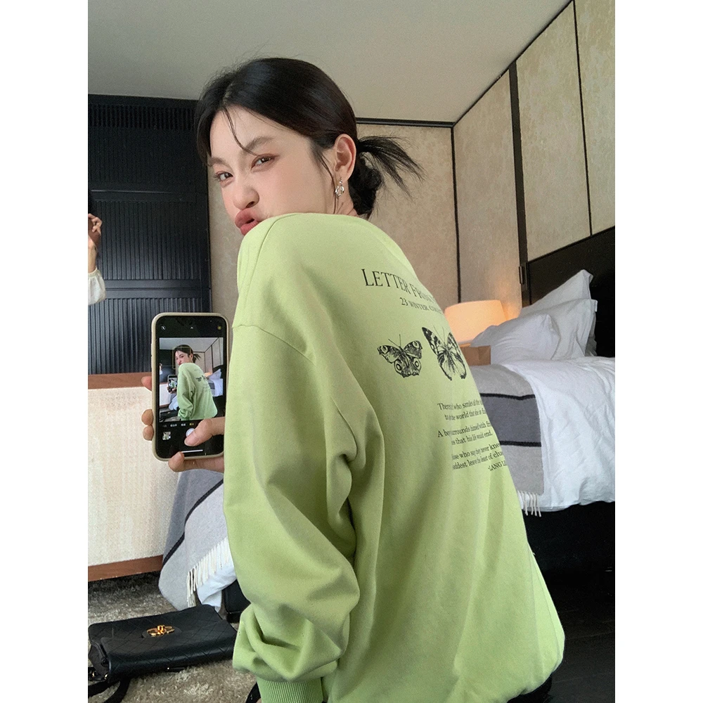 张贝贝ibell设计感韩系甜酷卫衣女 100棉 薄休闲宽松圆领印花上