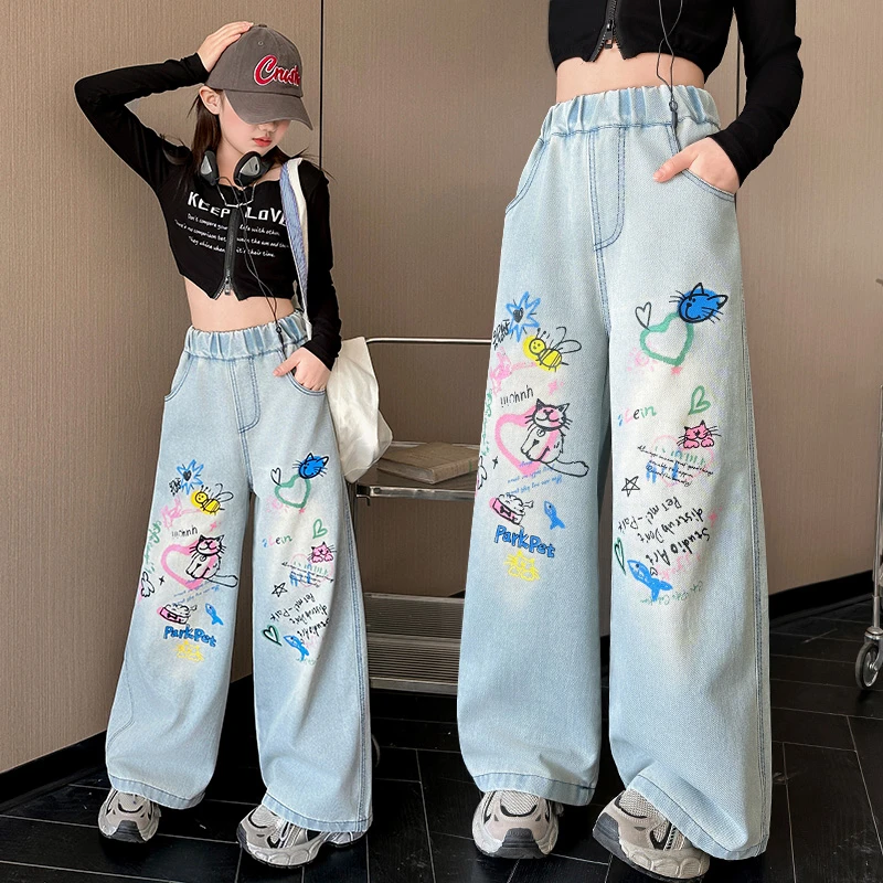 女童牛仔裤春秋装2025新款中大童洋气宽松休闲阔腿裤儿童直筒裤子