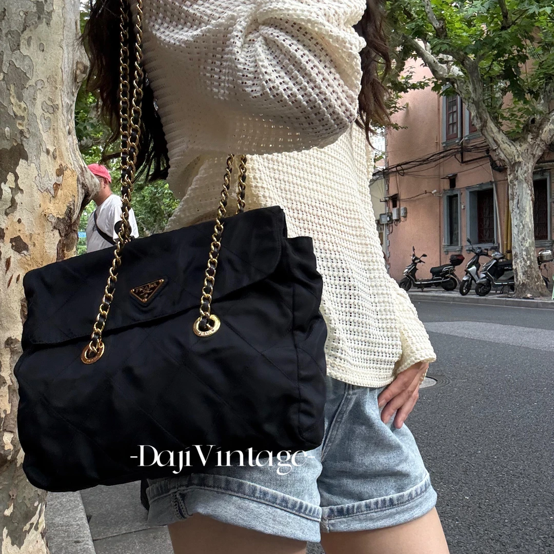 99新 Prada/普拉达 大吉中古/Prada普拉达黑金降落伞单肩包