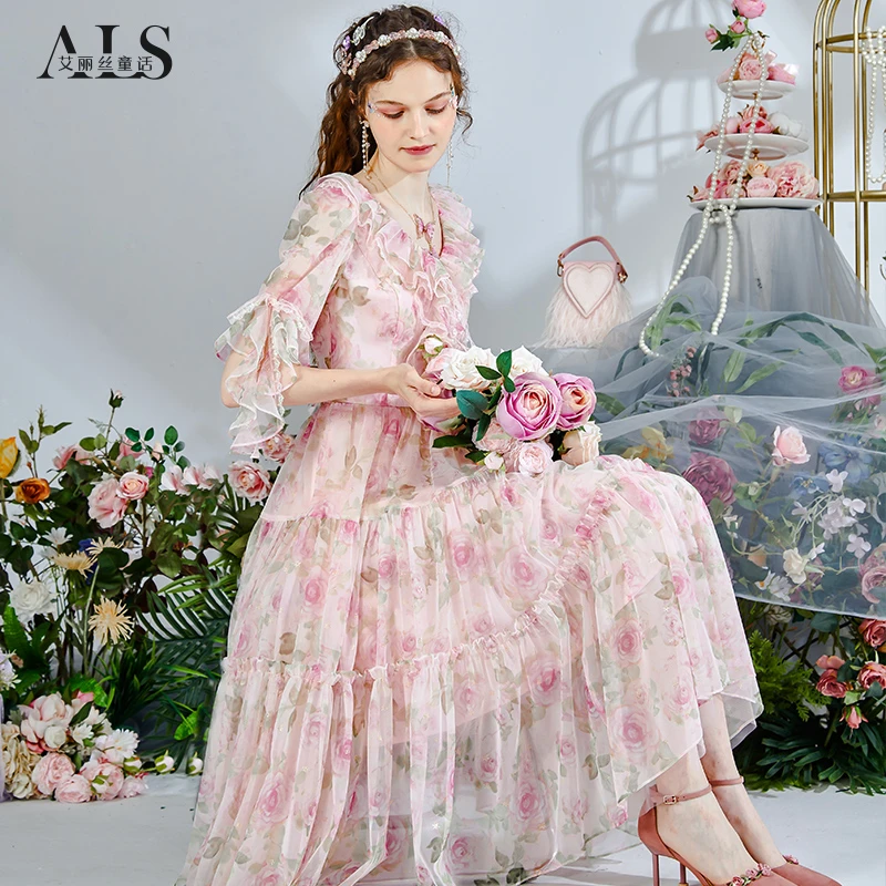艾丽丝2025夏荷叶边印花公主裙新款粉色网纱裙子短袖中长款连衣裙