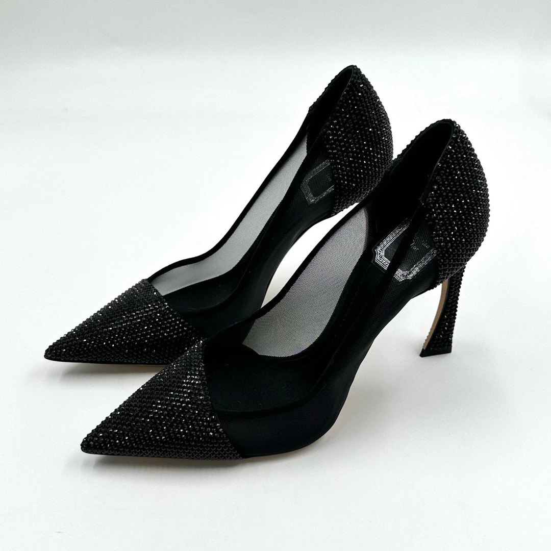 99新 DIOR/迪奥 37码/10cm/水钻网面黑色高跟鞋/05912