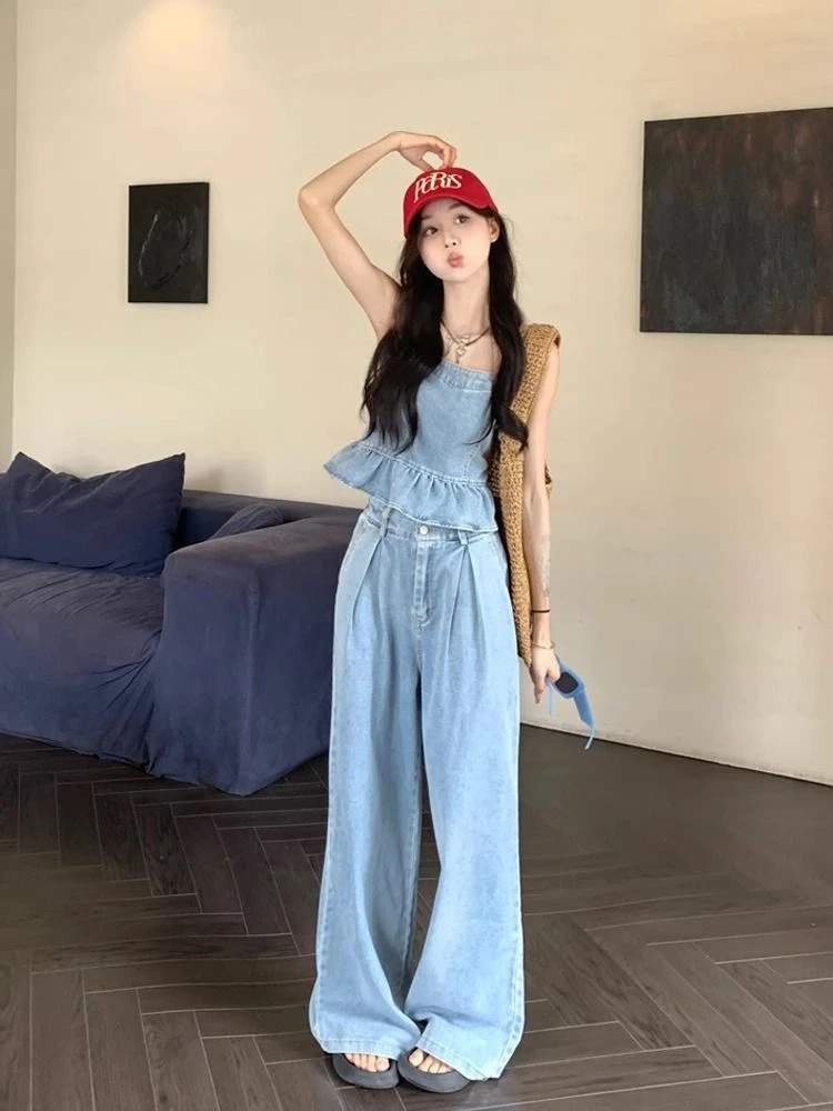 美式复古纯欲辣妹套装女夏季荷叶边露背吊带上衣阔腿裤牛仔两件套