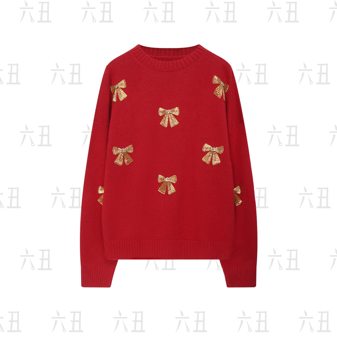 【六丑】新款时尚百搭气质通勤显瘦蝴蝶结钉珠针织衫511ZZS0146