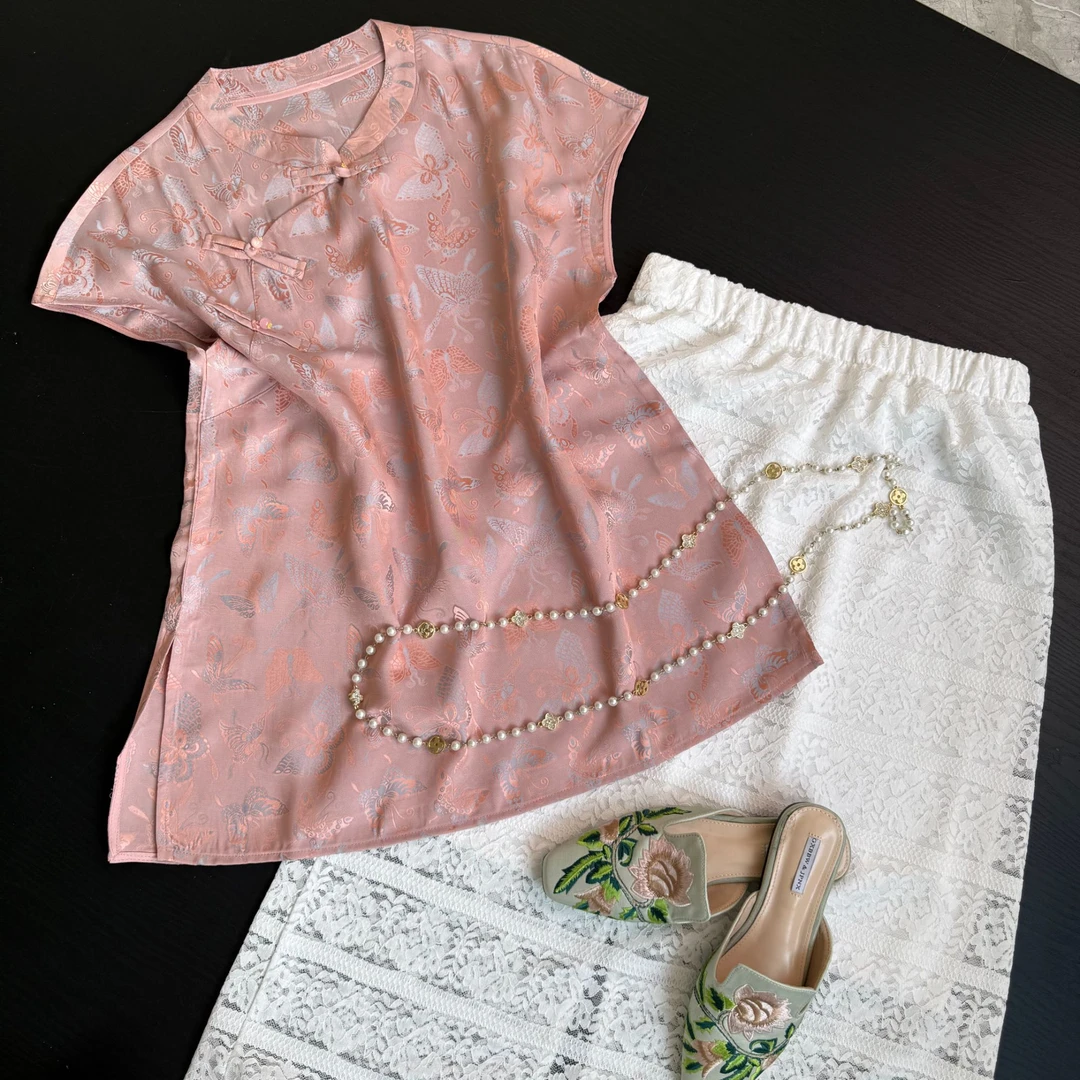 蝴蝶新中式女款时尚夏季常规提花纽扣衬衫气质短款碎花复古中国风