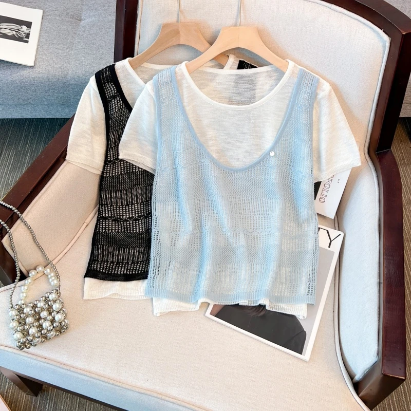 韩版百搭撞色条纹针织衫女春季新款时尚优雅假两件圆领短袖上衣