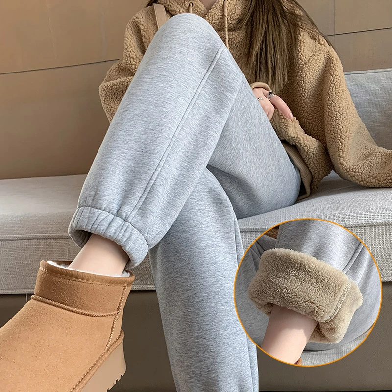 加绒运动裤女秋冬2025新款加厚灰色卫裤高腰束脚冬季羊羔绒棉裤子