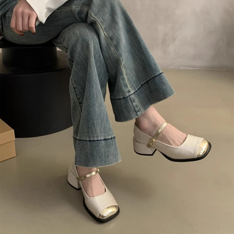 法式粗跟浅口单鞋小香风方头2025春夏新款法式气质仙女玛丽珍鞋