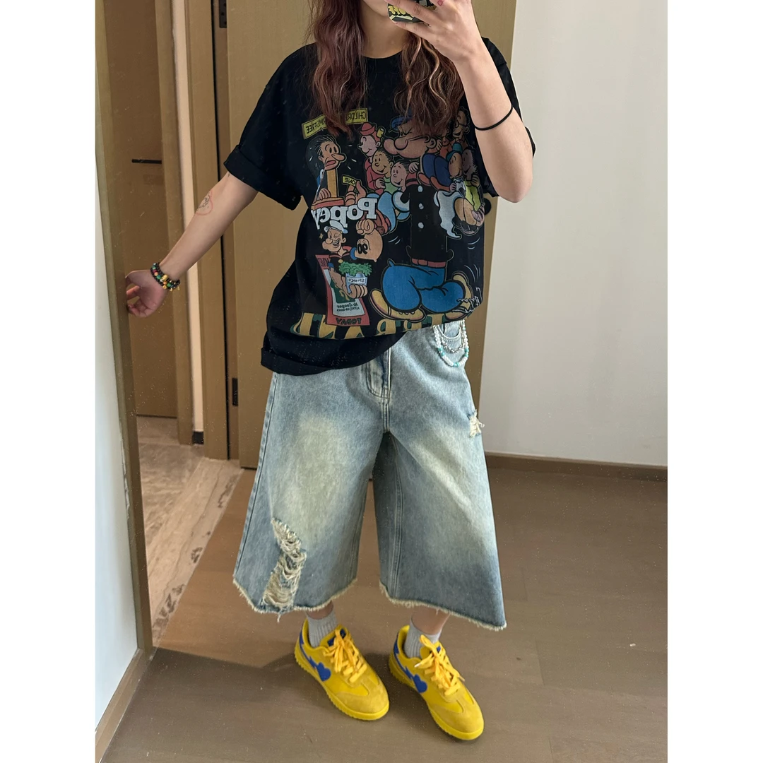 破洞直筒牛仔七分短裤女夏季baggy风设计感水洗做旧宽松阔腿中裤