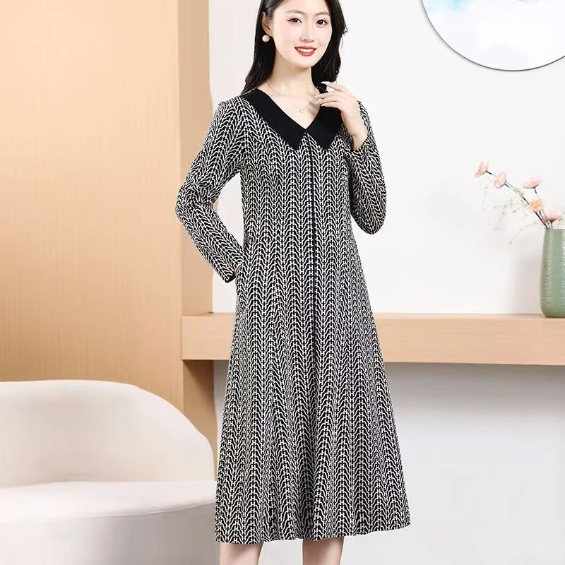 10968-春季长袖连衣裙新款中长款裙子气质修身显瘦中老年女装