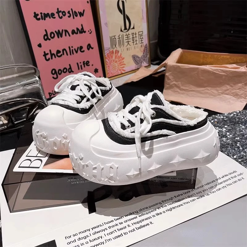 【红】大头系带厚底松糕贝壳头小白鞋半拖溶解鞋德训鞋小个子夏季