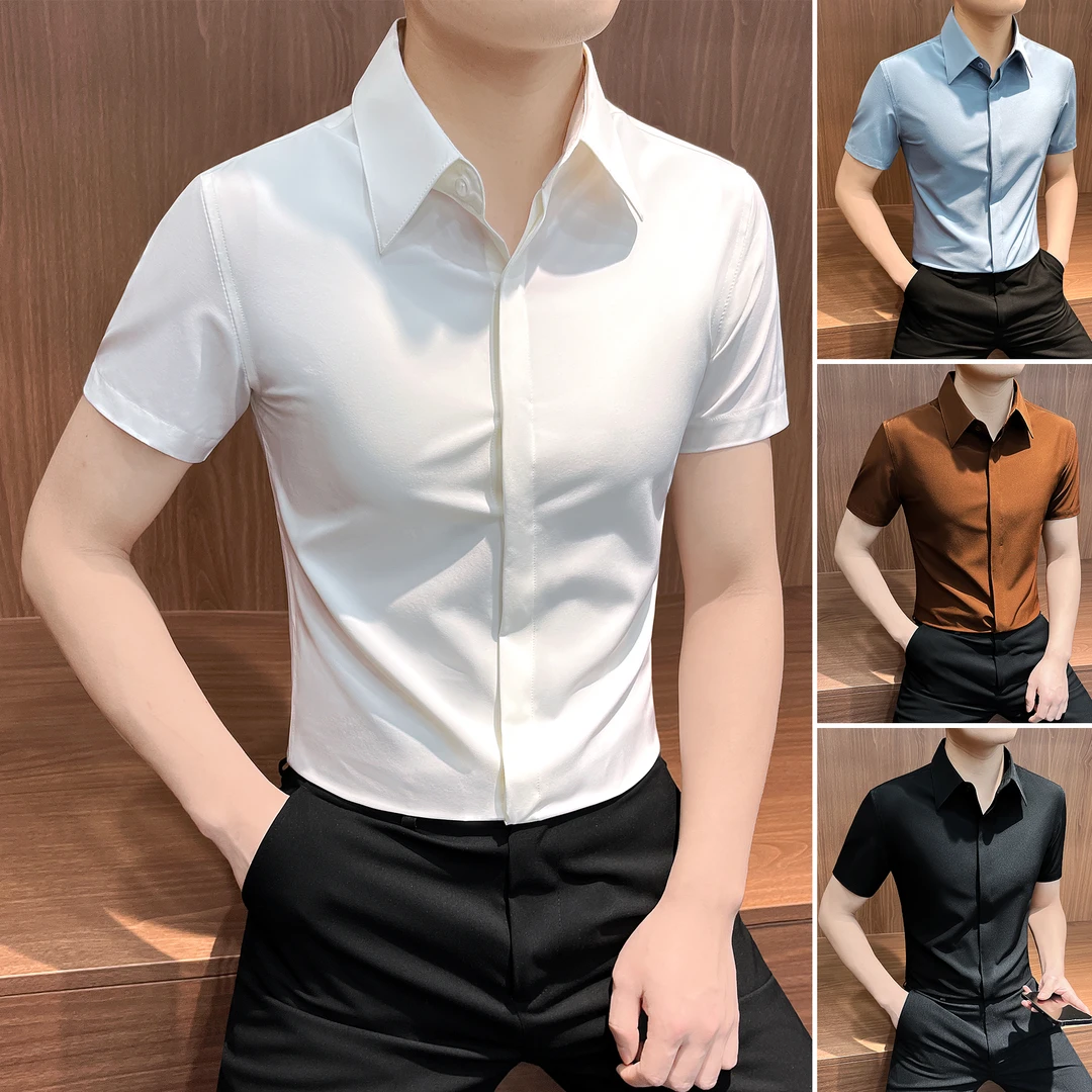 暗扣白色衬衫男款短袖高级感轻奢男装夏季款尖领商务休闲男士衬衣