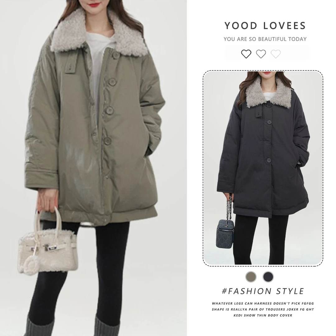 2025冬季新款时尚加绒韩版宽松小个子加厚保暖风衣毛领棉服外套女