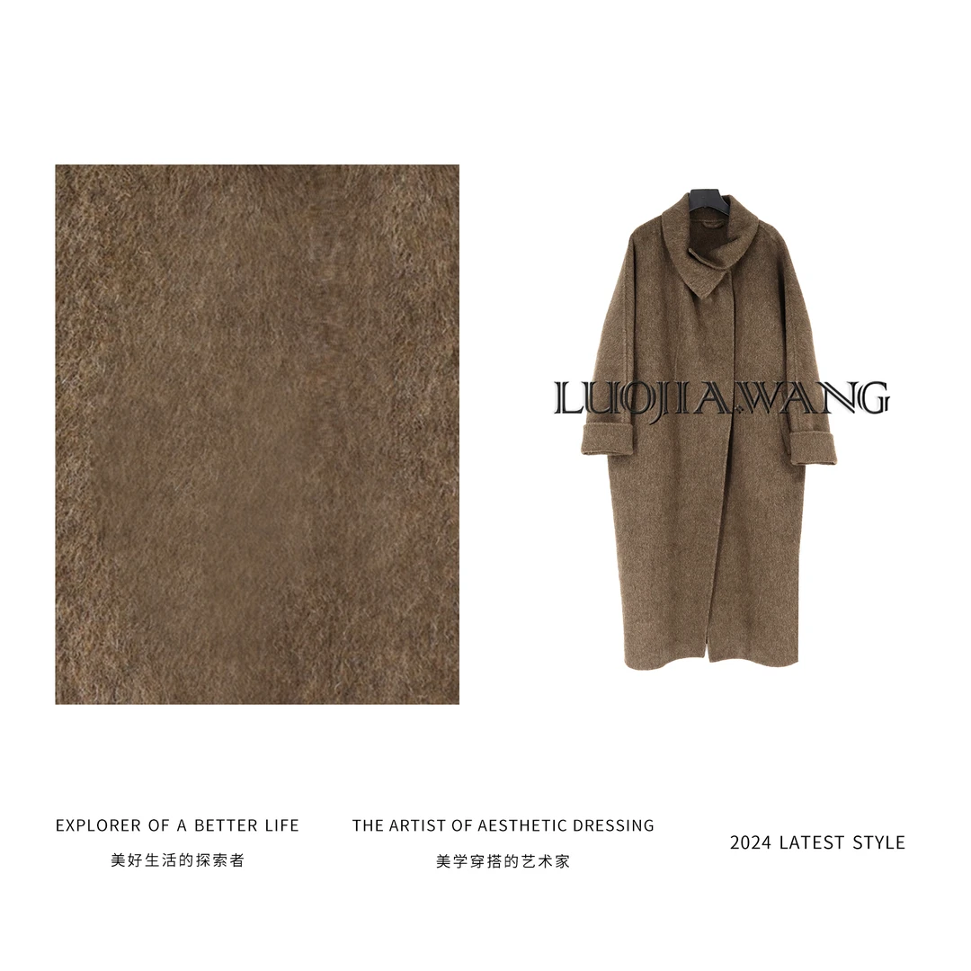 LUOJIAWANG【乌木沉香】秋冬质感高级翻领羊毛桑蚕丝长款宽松大衣