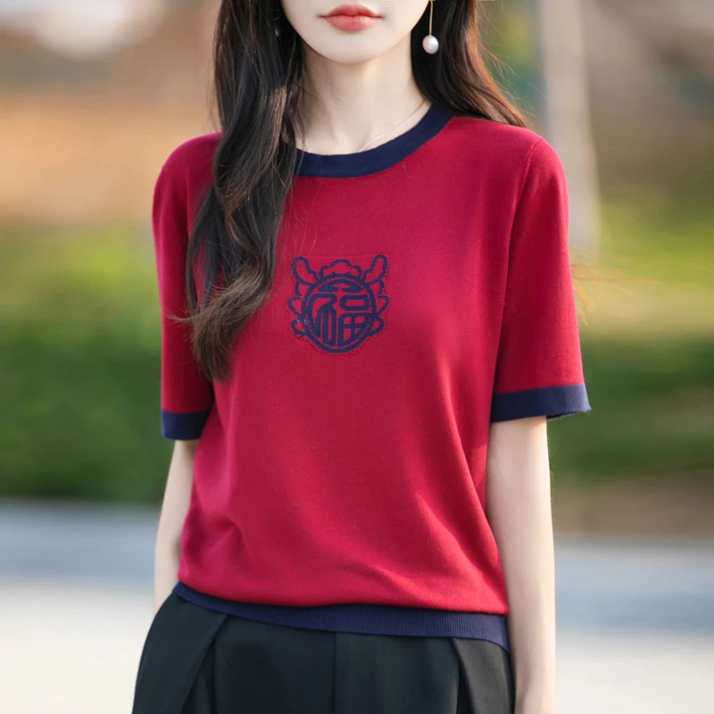 【现货宠粉】新款圆领短袖女法式刺绣显瘦套头夏季打底针织T恤复古