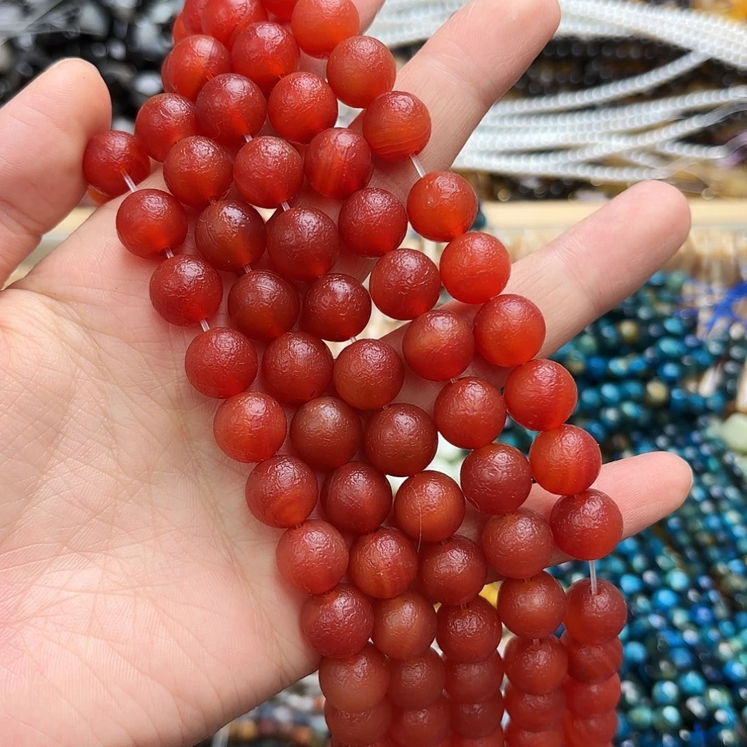 玛瑙/玉髓未镶嵌珠宝半成品卡12橘皮红玛圆珠一条