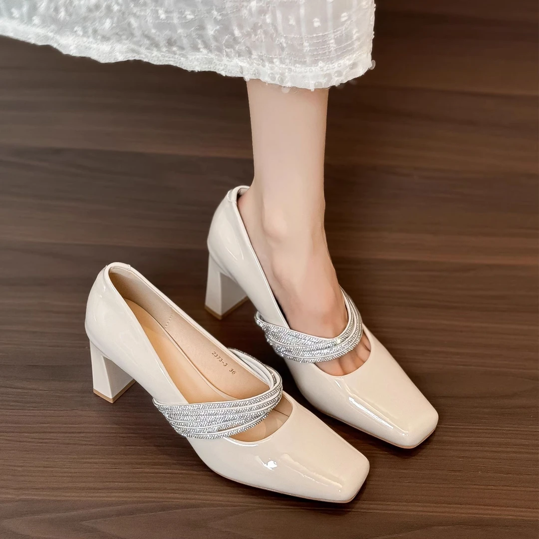 羊皮方头水钻玛丽珍鞋新款气质百搭一字带粗跟单鞋方根高跟鞋女士