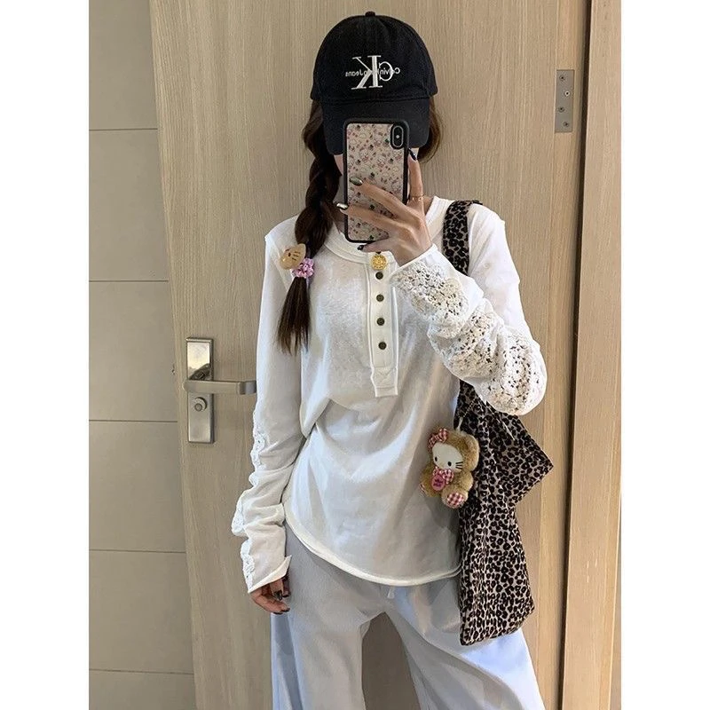 女装港风chic白色半纽扣拼接长袖t恤春夏显瘦设计感休闲百搭上衣