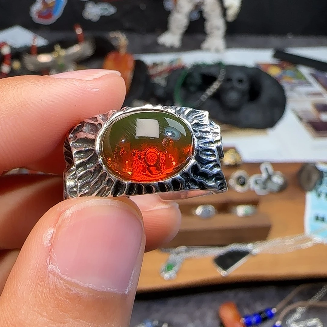 七***叶琥珀银S925镶嵌戒指