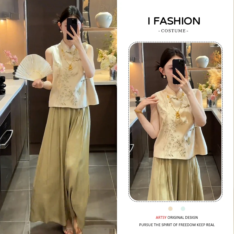 设计感刺绣套装女2025夏季新款盘扣无袖上衣高腰阔腿裤时尚两件套