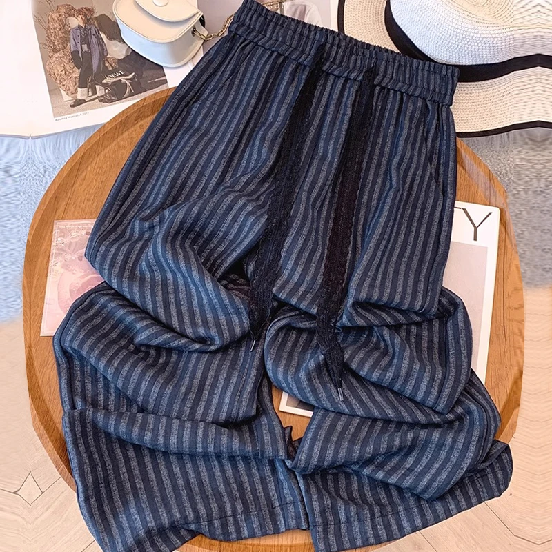 藏蓝色条纹亚麻直筒裤女夏2025新款亚麻蕾丝设计感宽松休闲阔腿裤