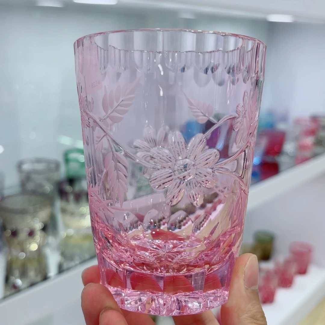 水晶玻璃手柄款-江户切子粉色水晶杯