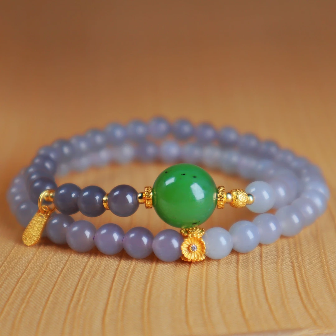 天然和田玉青海料烟紫渐变双圈约6mm手链925银设计款手串女@0042