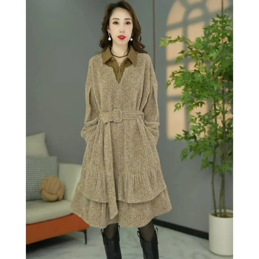 原创设计师款冬季高货欧版加厚保暖假两件宽松遮肉连衣裙打底裙