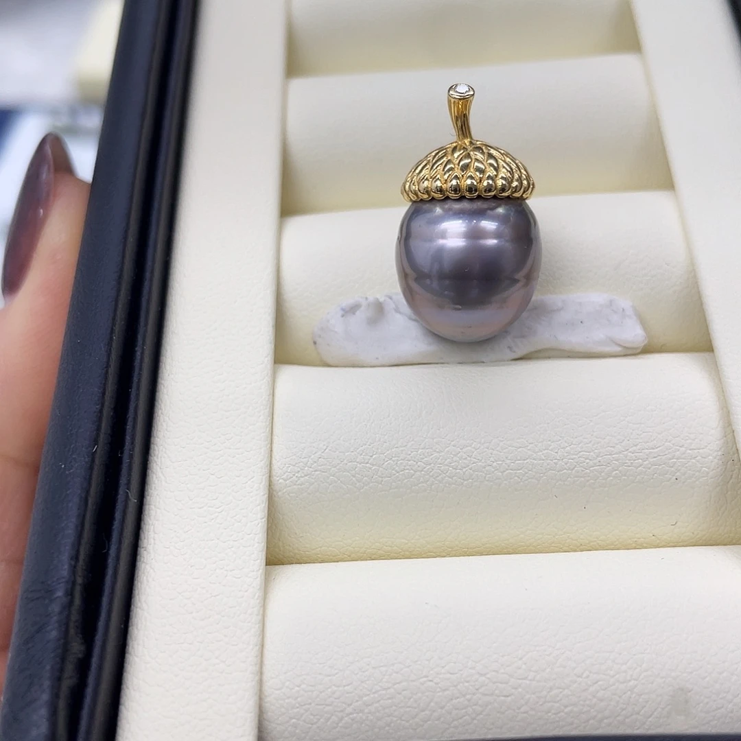 银S925镶嵌海水珍珠吊坠(不含链)大溪地紫色吊坠13-14mm