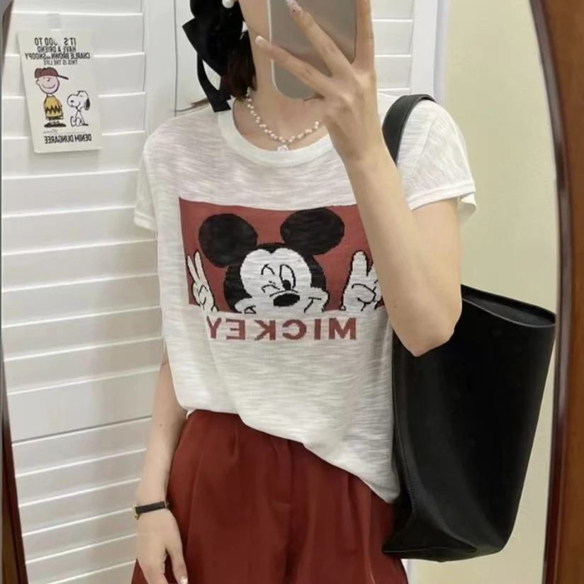 63322-欧货爆款圆领卡通刺绣宽松休闲短袖针织衫女洋气减龄上衣