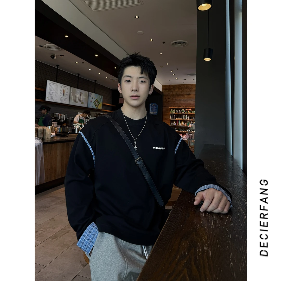 HAIDAN『25早秋miu系』欧若风松弛极简撞色格纹休闲百搭长袖卫衣