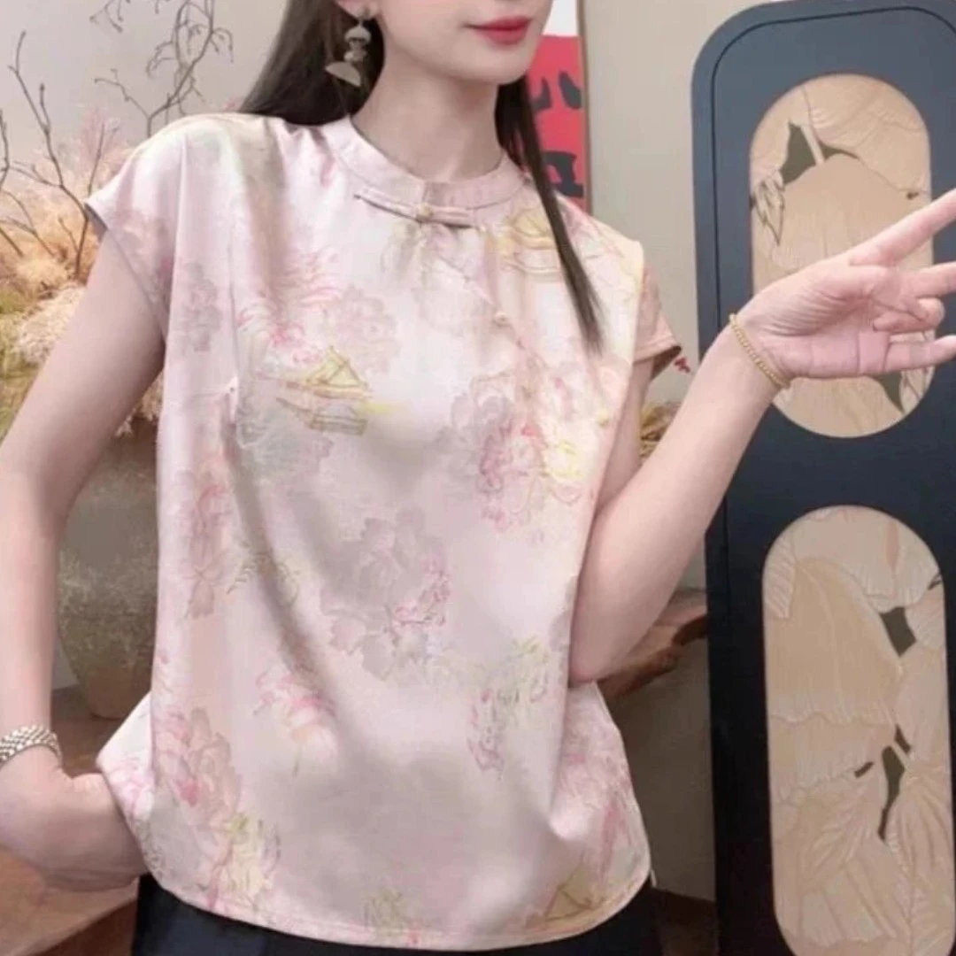 2259国潮中式复古印花提花立领无袖上衣网红T恤短袖新中式夏季卿