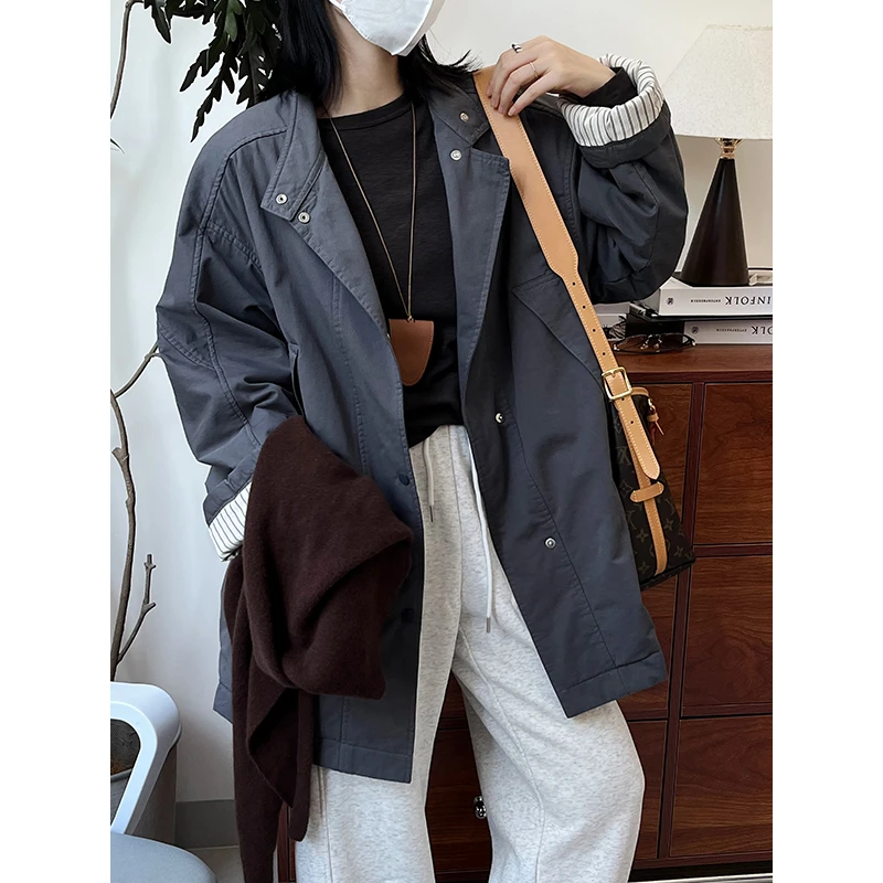 韩版立领中长款棉服加厚风衣工装外套女宽松立体剪裁显瘦棉服2025